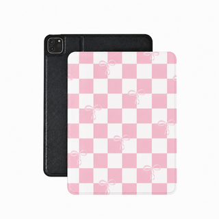 Pink bow checkerboard iPad case in pink and white check with white ribbon bows