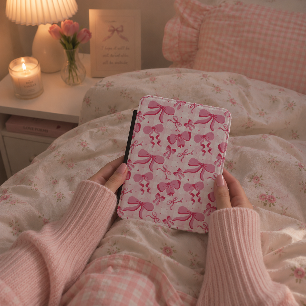 Pink bow Kindle case front cover close-up — Coquette Reader ivory print