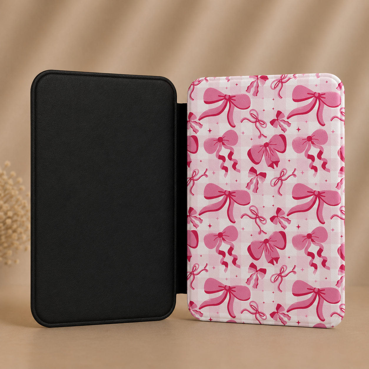 Ivory Kindle Paperwhite case with painted pink bows — Coquette Reader gift for BookTok readers