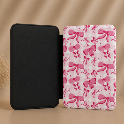 Ivory Kindle Paperwhite case with painted pink bows — Coquette Reader gift for BookTok readers
