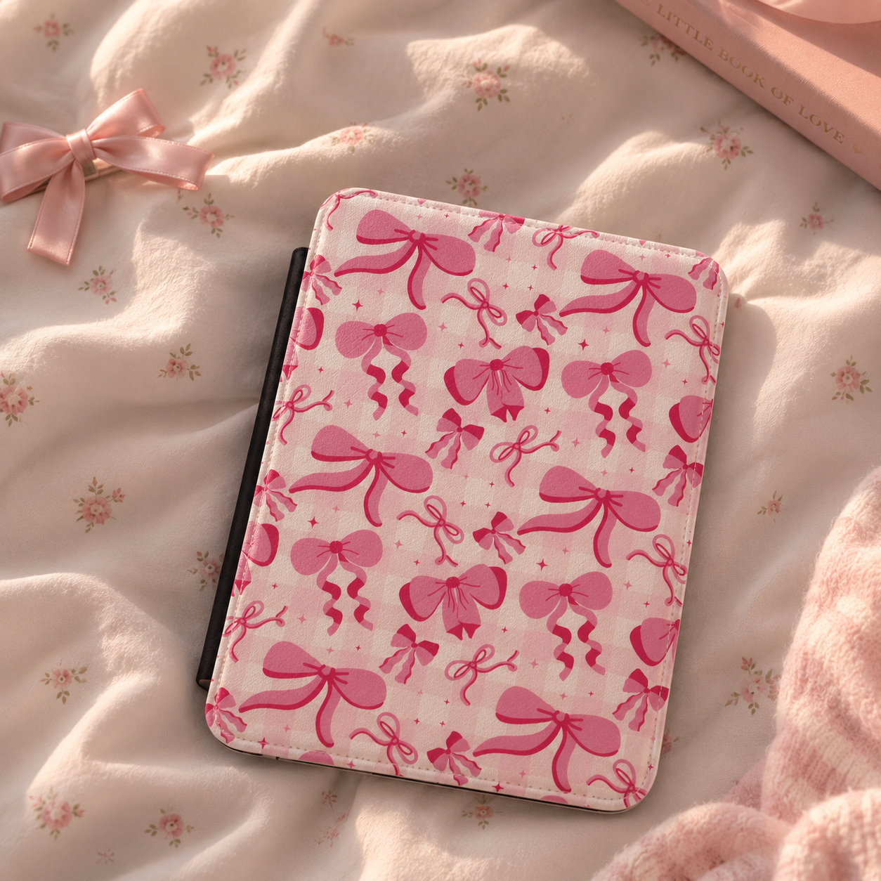 Ivory pink bow Kindle case open showing black interior — Coquette Reader print