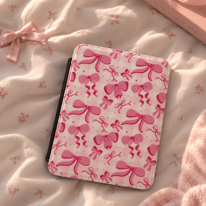 Ivory pink bow Kindle case open showing black interior — Coquette Reader print