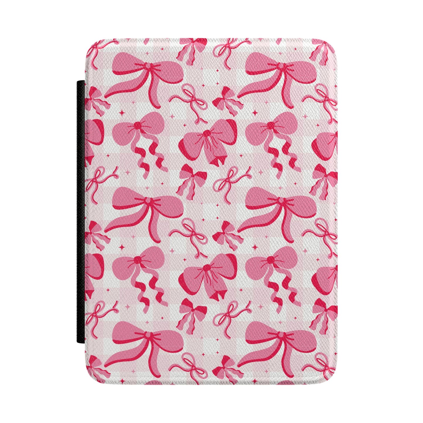 Ivory Kindle Paperwhite case with painted pink bows front cover — Coquette Reader gift