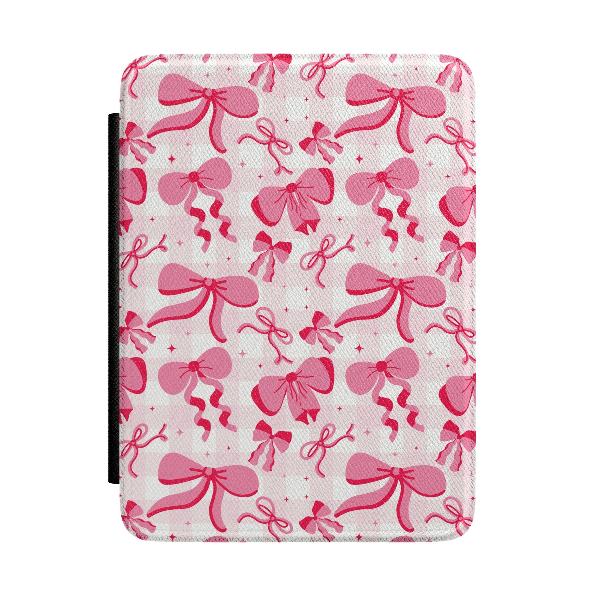 Ivory Kindle Paperwhite case with painted pink bows front cover — Coquette Reader gift