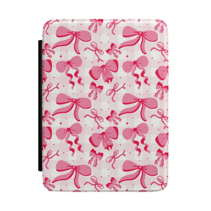 Ivory Kindle Paperwhite case with painted pink bows front cover — Coquette Reader gift