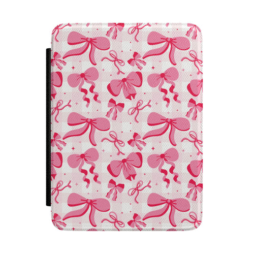 Ivory Kindle Paperwhite case with painted pink bows front cover — Coquette Reader gift