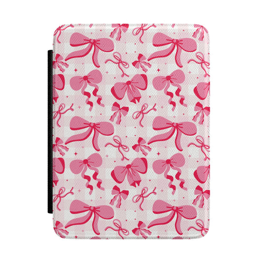 Ivory Kindle Paperwhite case with painted pink bows front cover — Coquette Reader gift