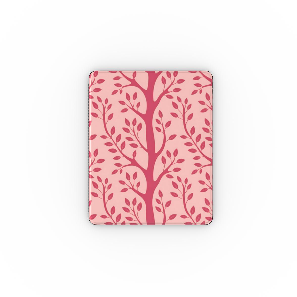 Pink branch iPad case open, showing the stand fold and interior