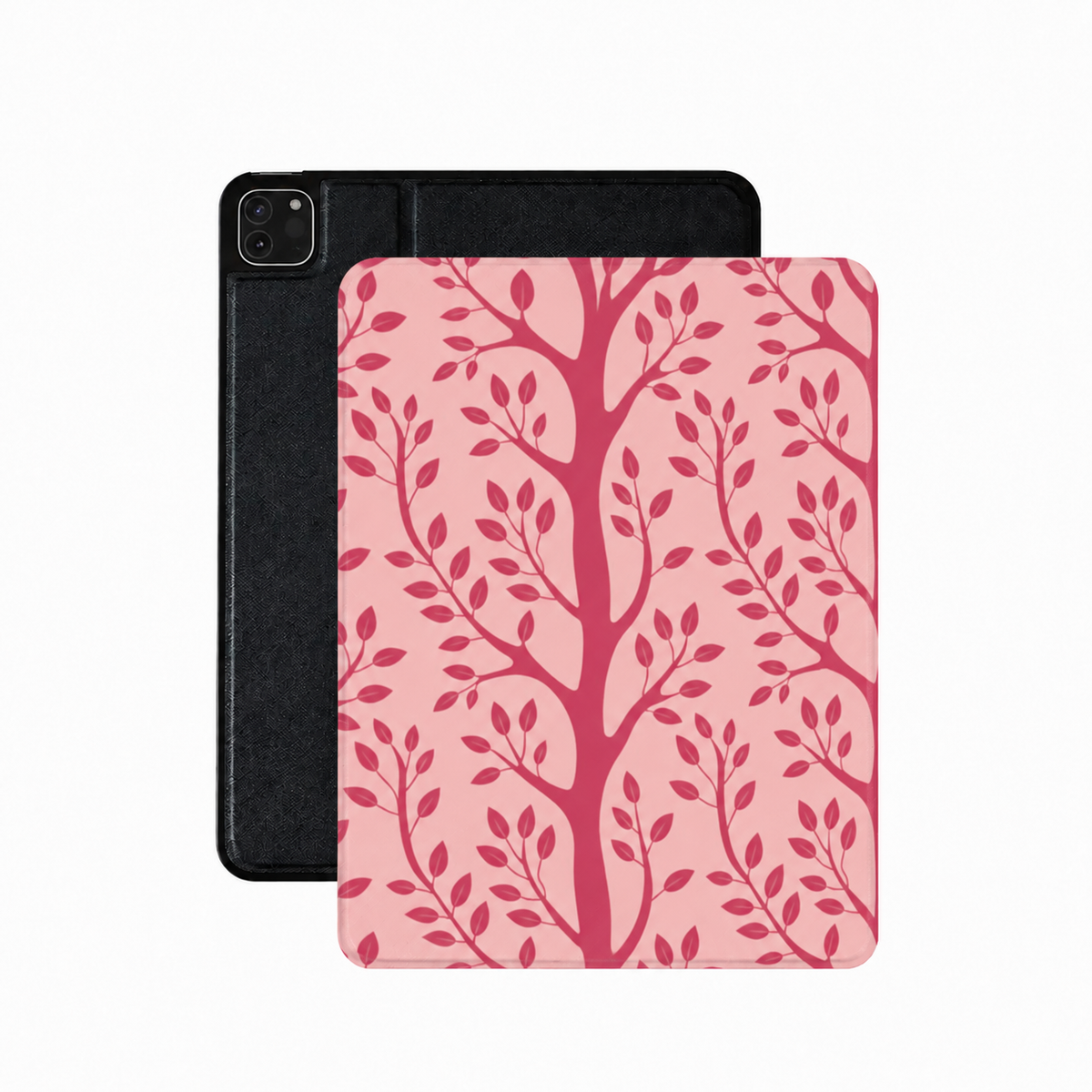 Pink branch and leaf iPad case in raspberry vegan Saffiano leather — botanical folio