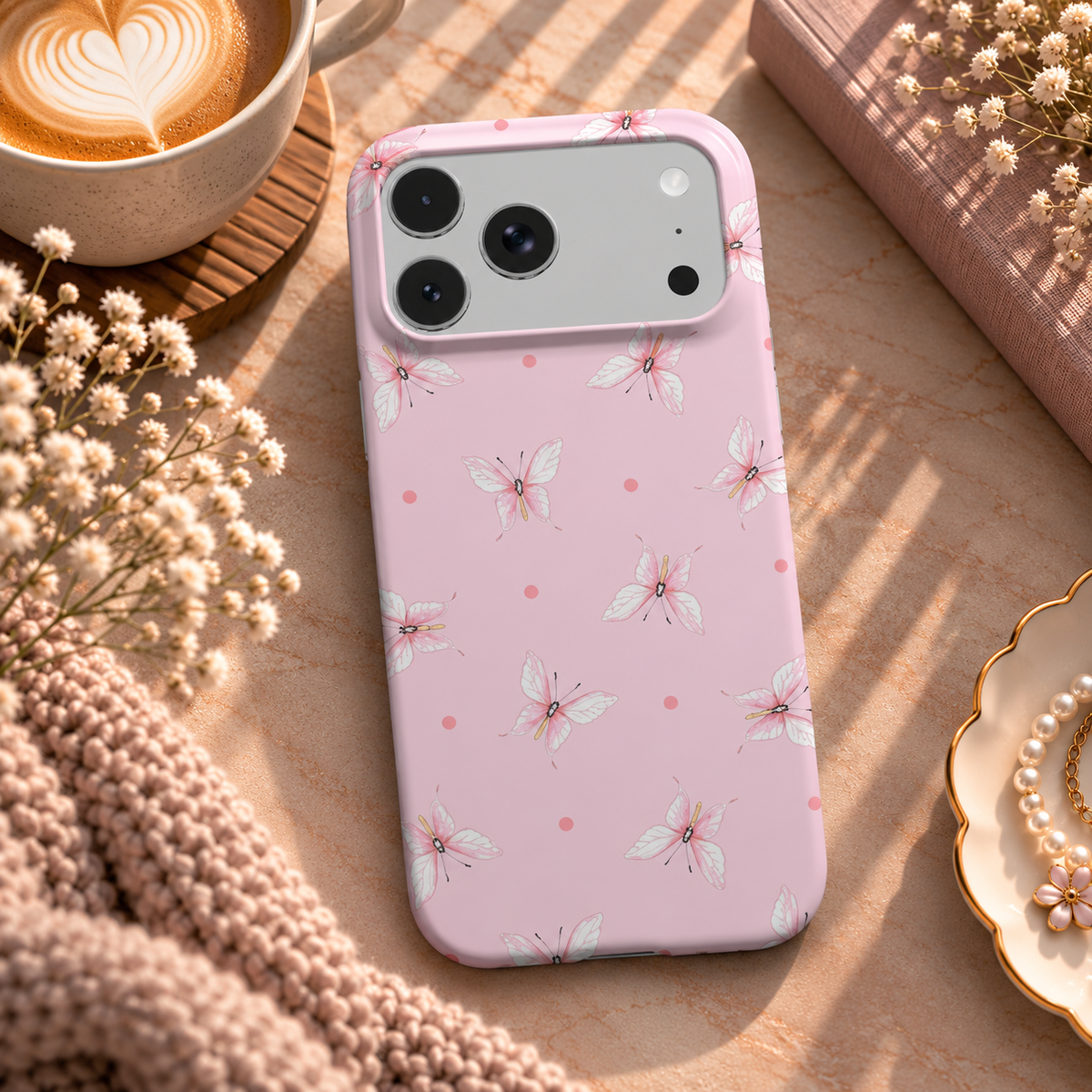 Pink Butterfly Dot phone case – MagSafe iPhone case, lifestyle photo