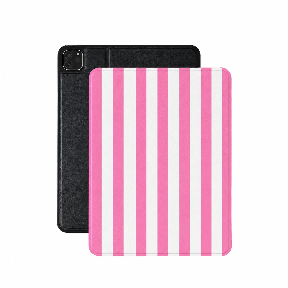 Pink cabana stripe iPad case in pink and white vegan Saffiano leather — wide awning stripe