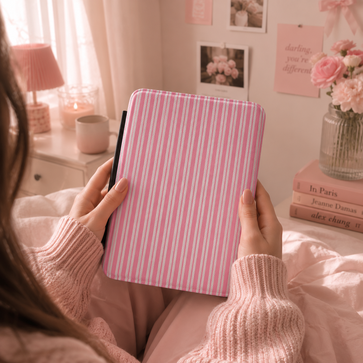 Pink candy stripe Kindle case front cover close-up — Coquette Reader ticking print