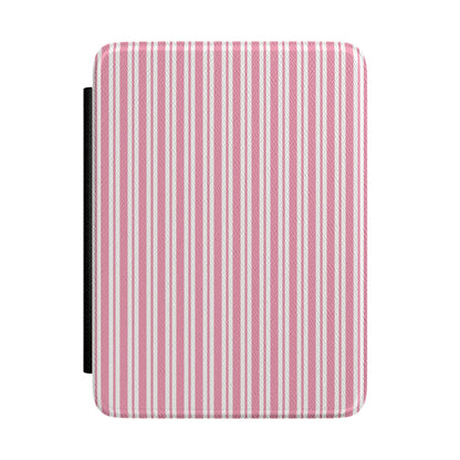 Pink candy stripe Kindle Paperwhite case front cover — Coquette Reader ticking gift for book lovers