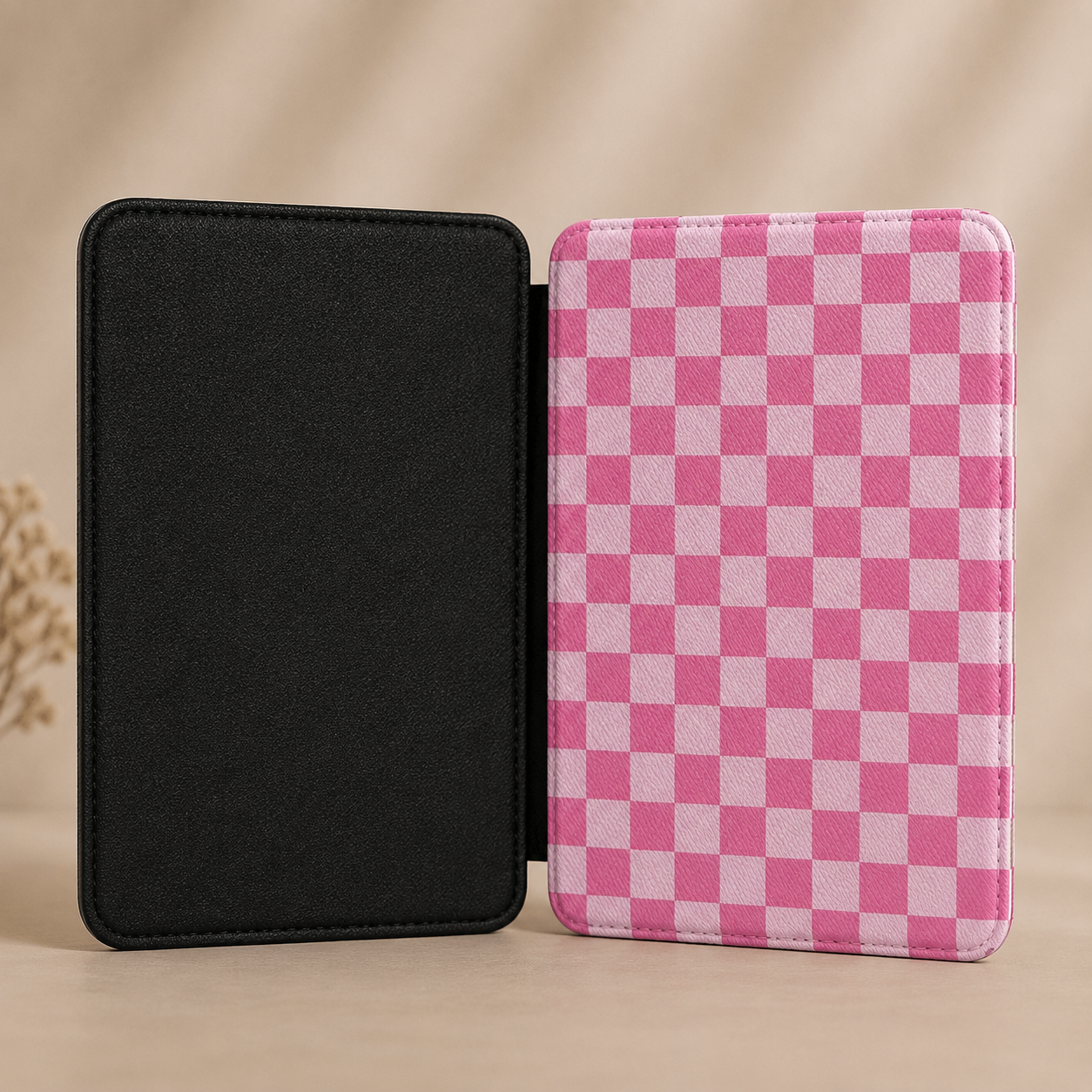 Pink checkerboard Kindle Paperwhite case — Coquette Reader gingham gift for BookTok readers