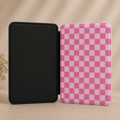Pink checkerboard Kindle Paperwhite case — Coquette Reader gingham gift for BookTok readers
