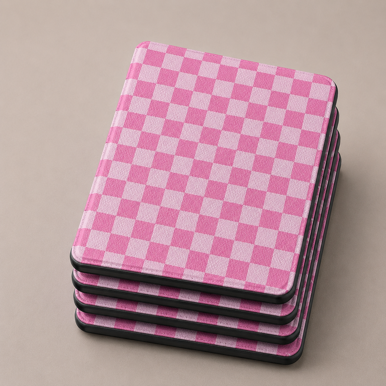 Pink checkerboard Kindle case with elastic hand strap — Coquette Reader gingham