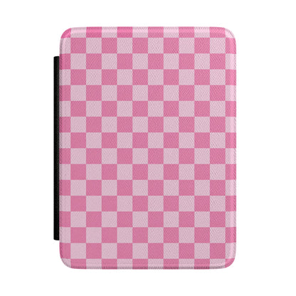 Pink checkerboard Kindle Paperwhite case front cover — Coquette Reader gingham gift for readers
