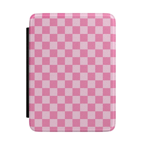 Pink checkerboard Kindle Paperwhite case front cover — Coquette Reader gingham gift for readers