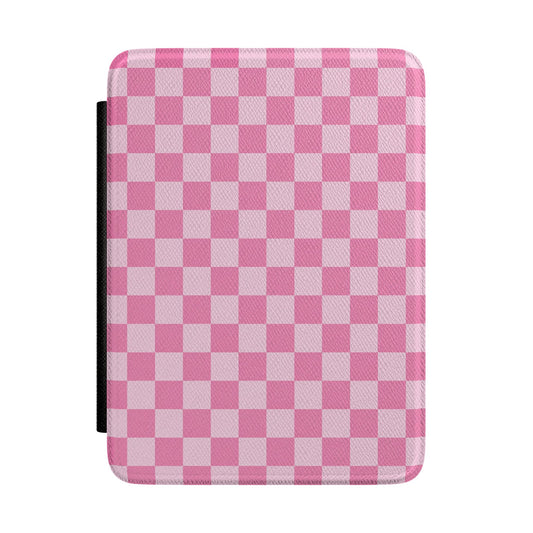 Pink checkerboard Kindle Paperwhite case front cover — Coquette Reader gingham gift for readers