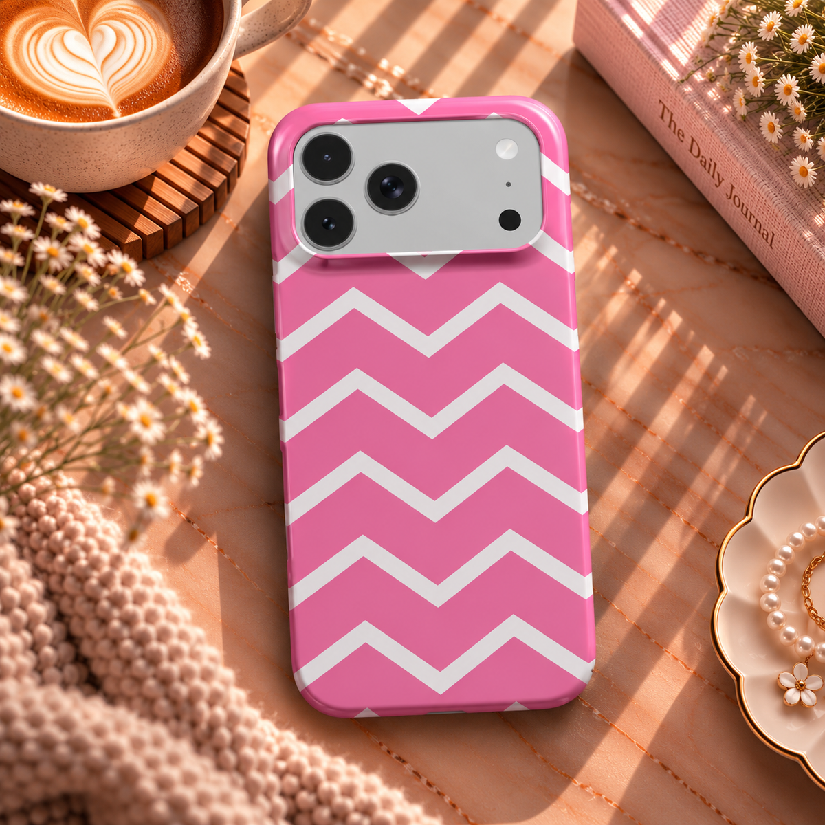 Pink Chevron phone case – MagSafe iPhone case, lifestyle photo