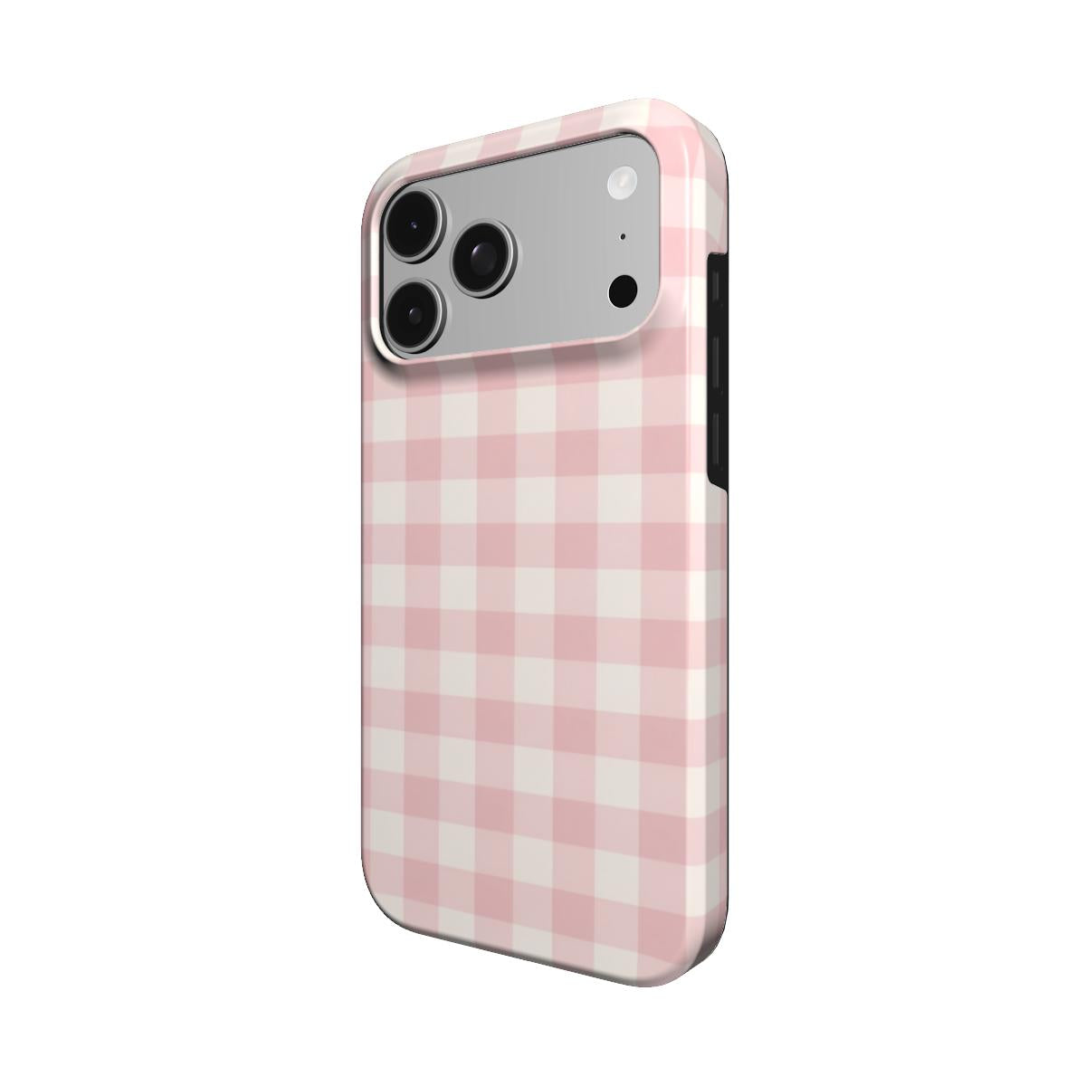 Pink Cottage Gingham phone case – MagSafe iPhone case, angled view