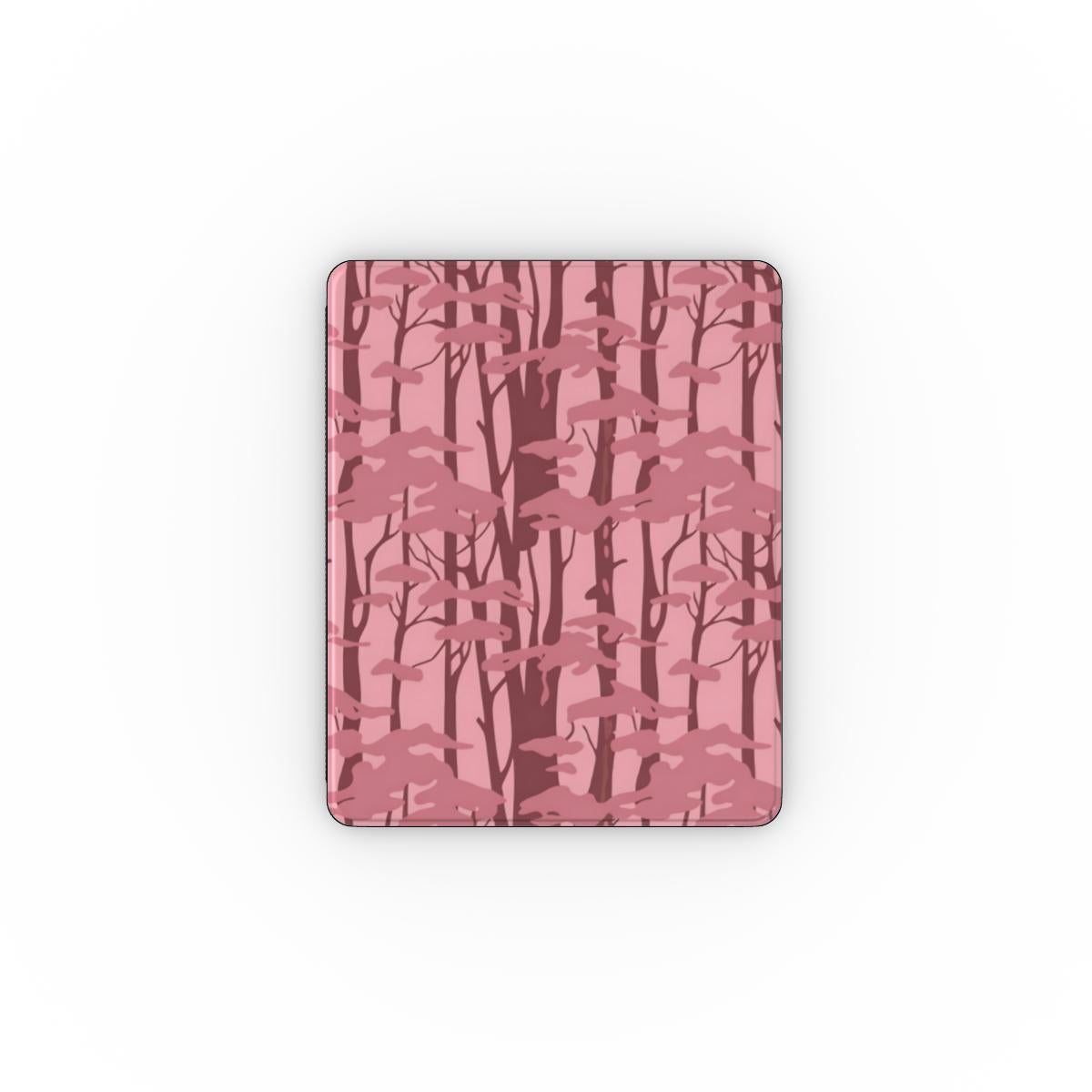 Pink forest camo iPad case open, showing the stand fold and interior