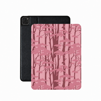 Pink forest camo iPad case in pink vegan leather — tree-line camouflage folio
