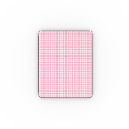 Pink gingham iPad case open, showing the stand fold and interior