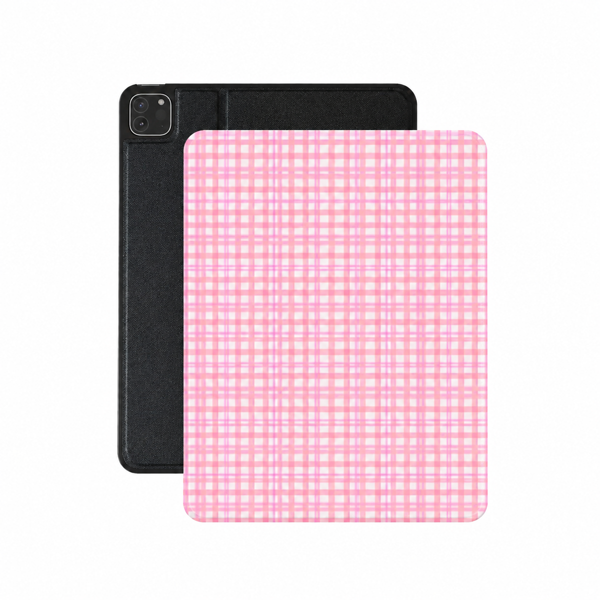 Pink gingham iPad case in rose and cream vegan Saffiano leather — woven check folio