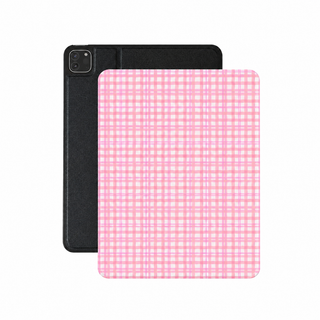 Pink gingham iPad case in rose and cream vegan Saffiano leather — woven check folio