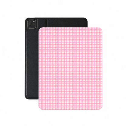 Pink gingham iPad case in rose and cream vegan Saffiano leather — woven check folio