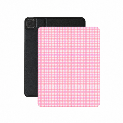 Pink gingham iPad case in rose and cream vegan Saffiano leather — woven check folio