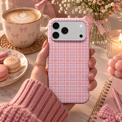 Pink Gingham phone case – MagSafe iPhone case, lifestyle photo