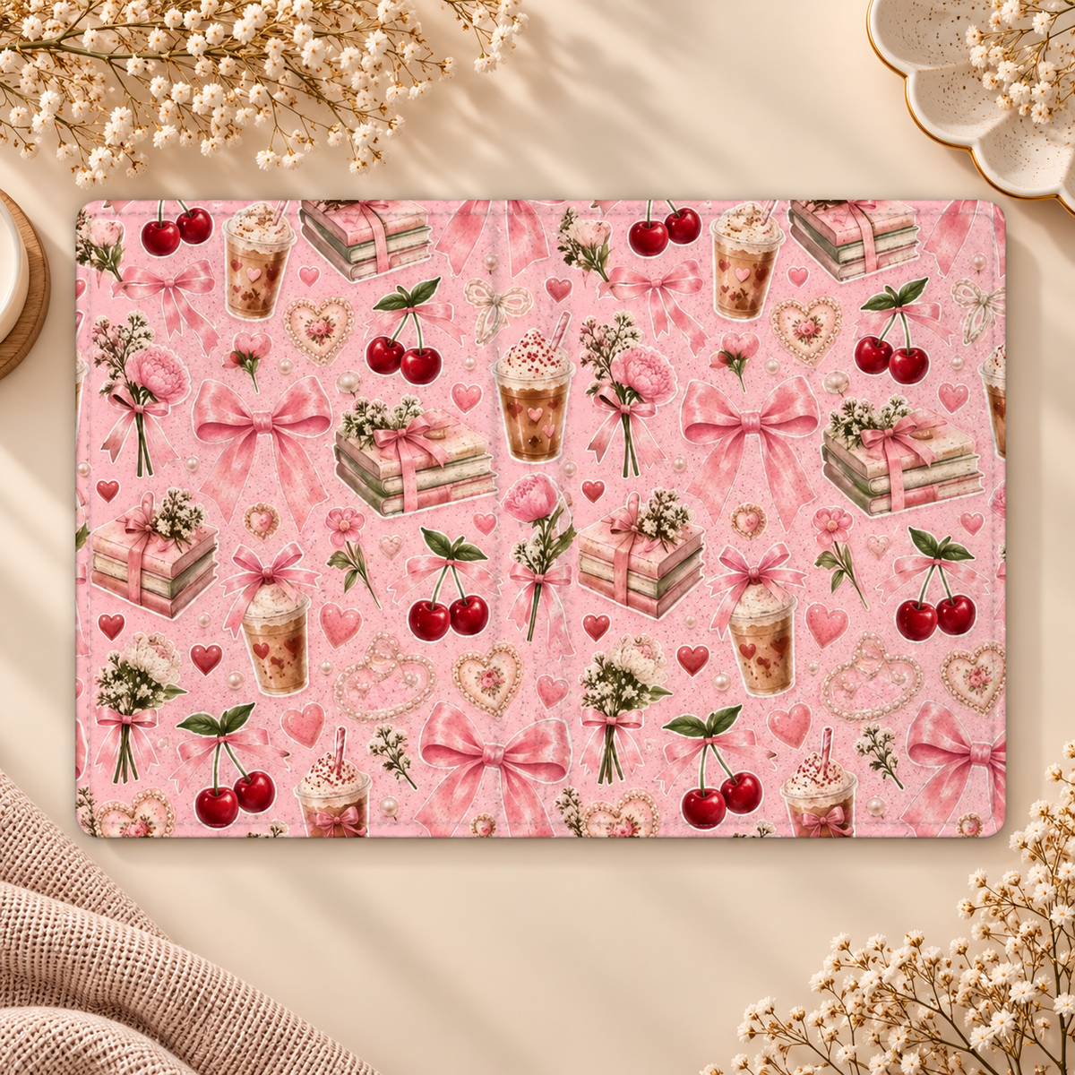 Pink Lattes & Cherries Kindle case opened flat, front and back — iced lattes, cherries, bows and books on pink