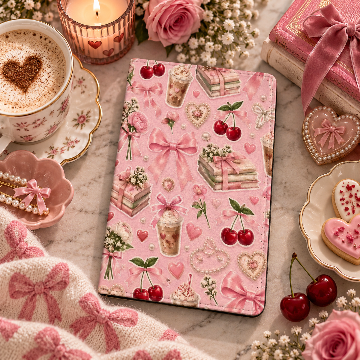 Pink Lattes & Cherries Kindle case — pink coquette collage, styled with a latte, pink roses, cherries and a candle