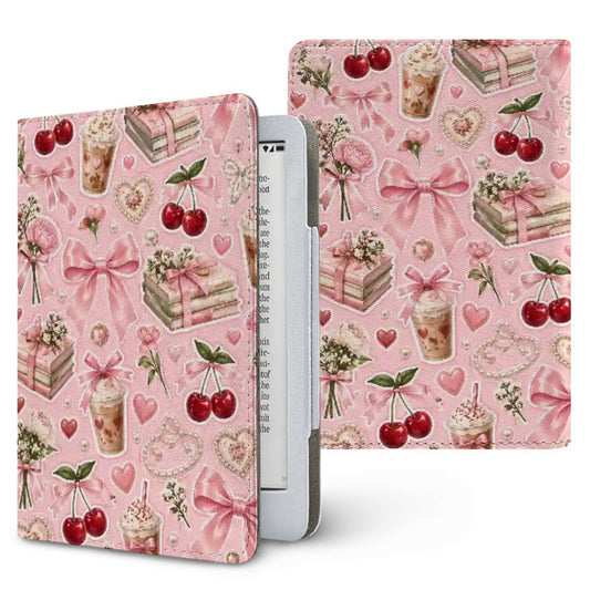 Pink Lattes & Cherries Kindle case — iced lattes, cherries, pink bows and book stacks on soft pink, printed front and back