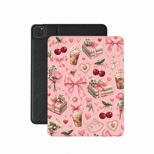 Pink Lattes & Cherries iPad case — iced lattes, cherries, book stacks and pink bows on pink