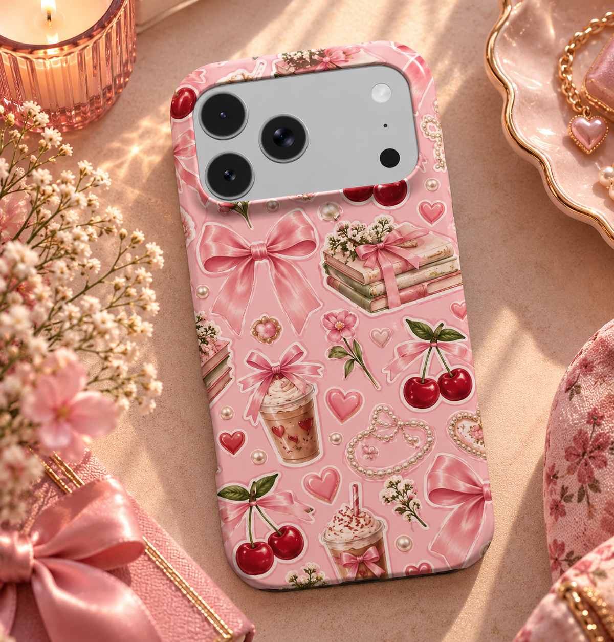 Pink Lattes & Cherries phone case – MagSafe iPhone case, lifestyle photo