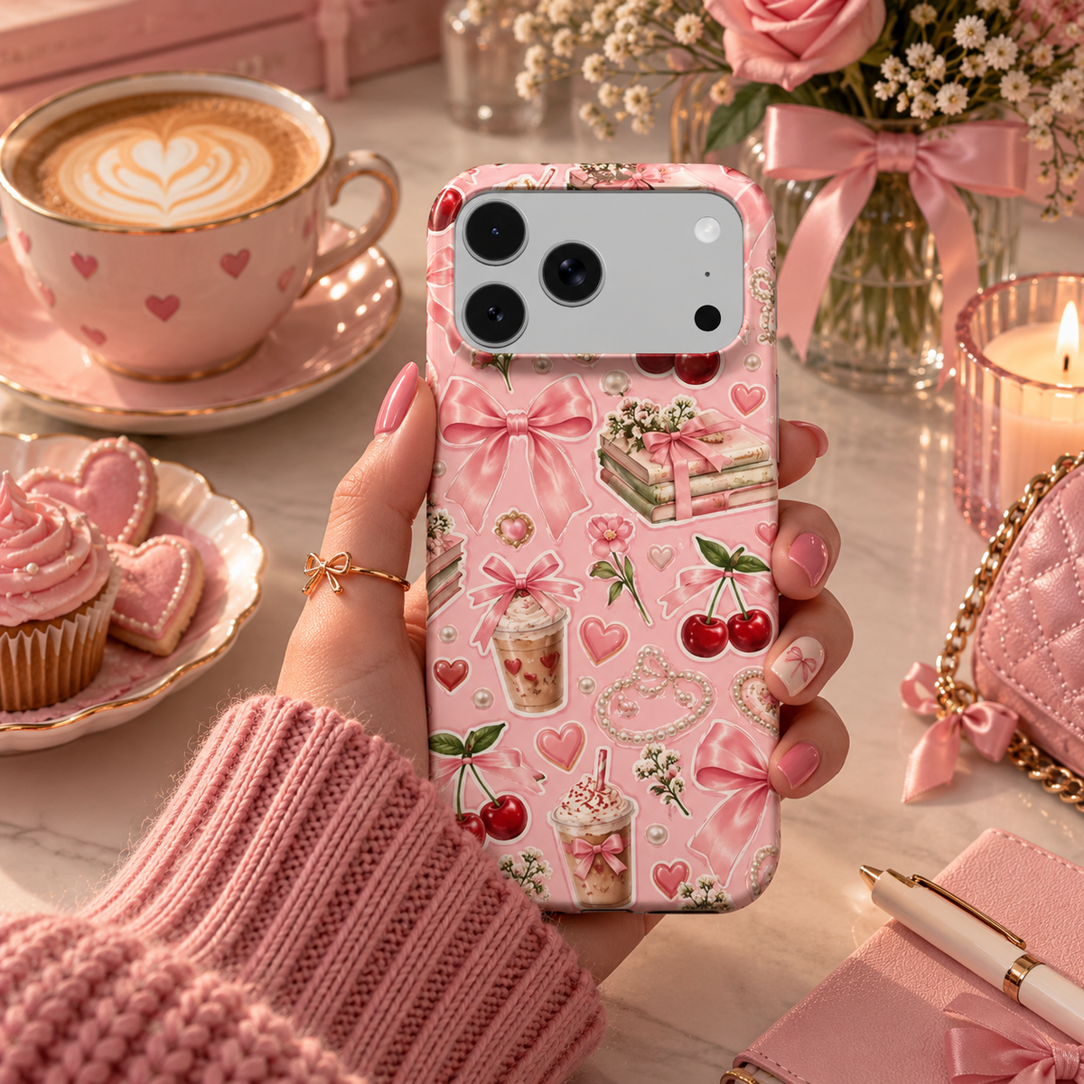 Pink Lattes & Cherries phone case – MagSafe iPhone case, styled photo