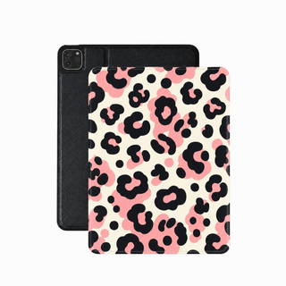Pink leopard print iPad case in coral, black and cream vegan Saffiano leather — animal print folio