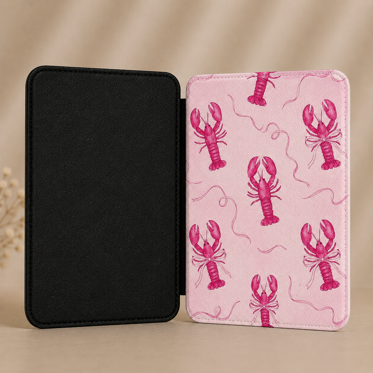 Blush Kindle Paperwhite case with pink lobsters — Atelier coastal gift for readers