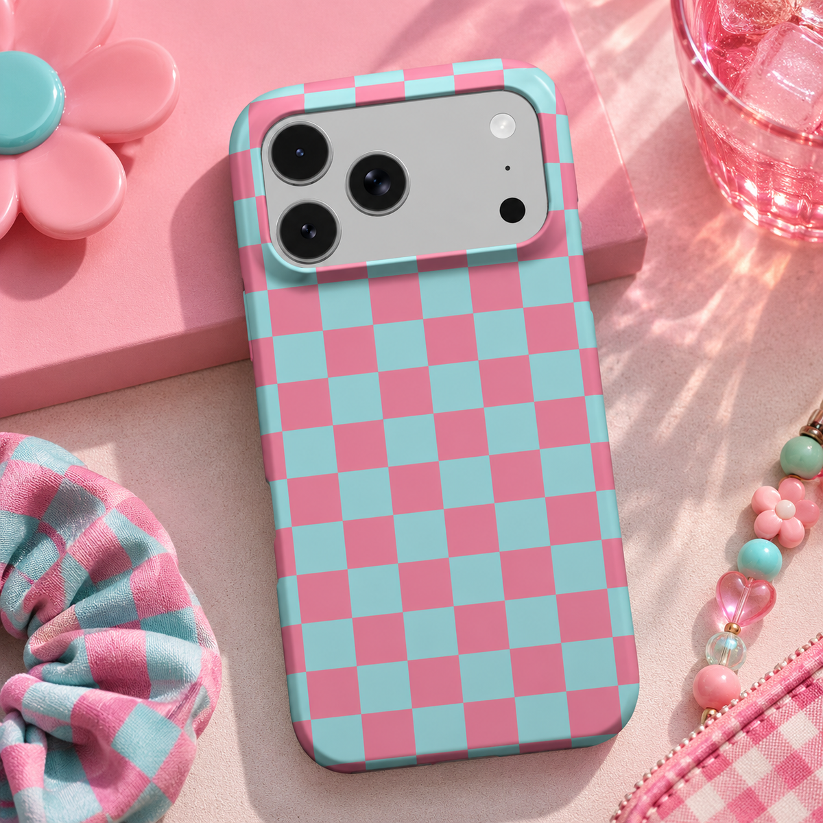 Pink & Mint Check phone case – MagSafe iPhone case, lifestyle photo