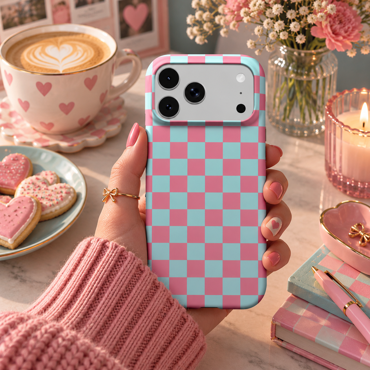 Pink & Mint Check phone case – MagSafe iPhone case, styled photo