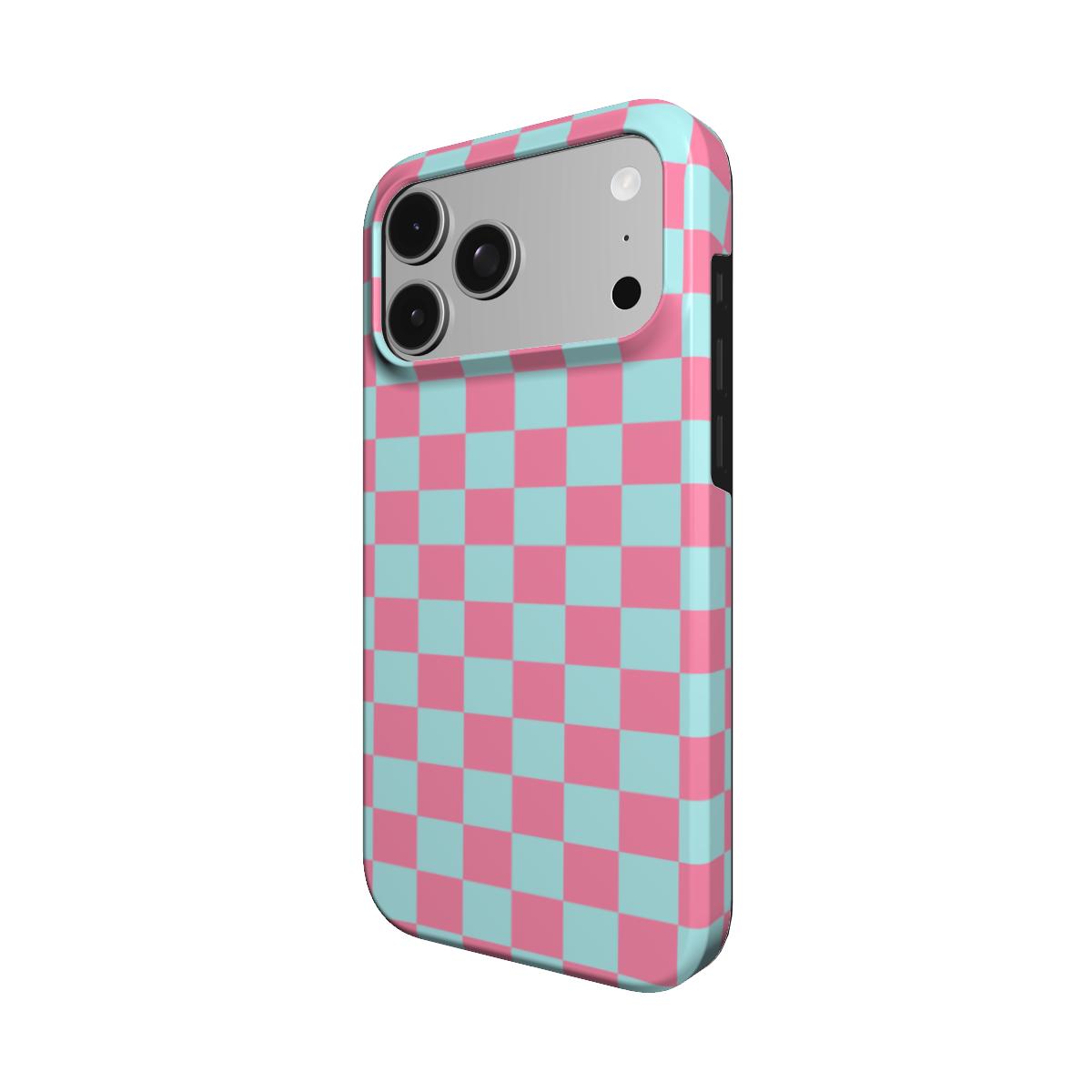 Pink & Mint Check phone case – MagSafe iPhone case, detail view