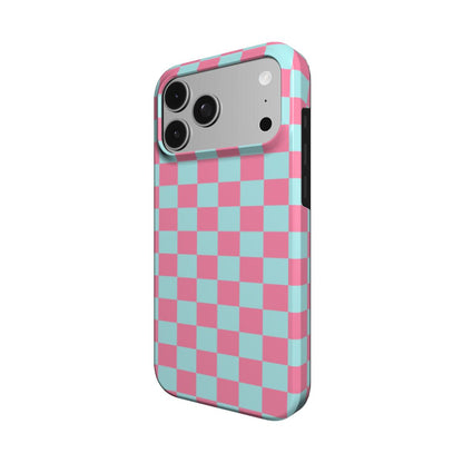Pink & Mint Check phone case – MagSafe iPhone case, detail view