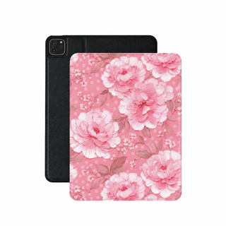 Pink peony polka dot iPad case in pink vegan leather — floral polka dot folio