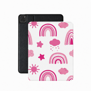 Pink rainbow iPad case in white with pink rainbows, clouds and stars