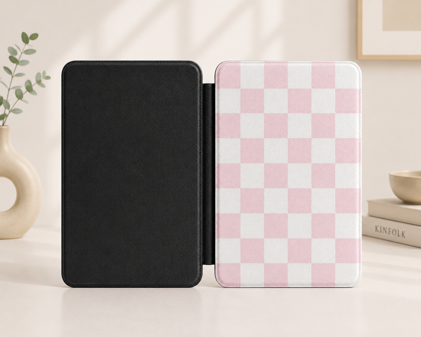 Soft pink and white checkerboard Kindle Paperwhite case — Coquette Reader gift for her