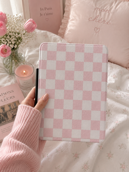 Pink and white checkerboard Kindle case open showing black interior — Coquette Reader soft check