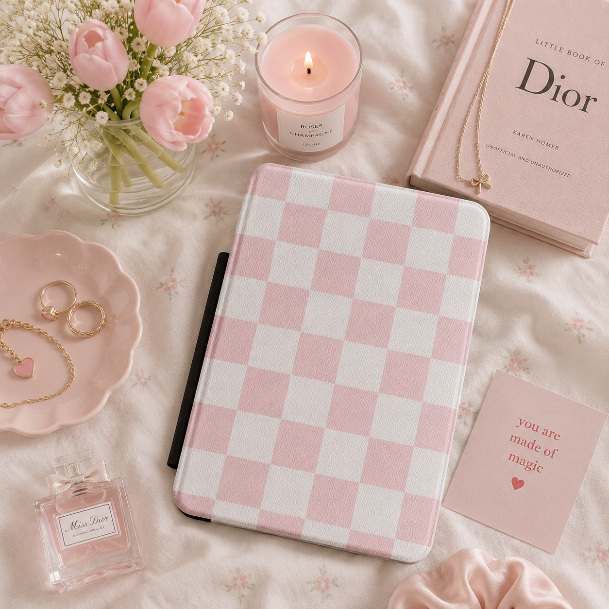 Pink and white checkerboard Kindle case with elastic hand strap — Coquette Reader soft check